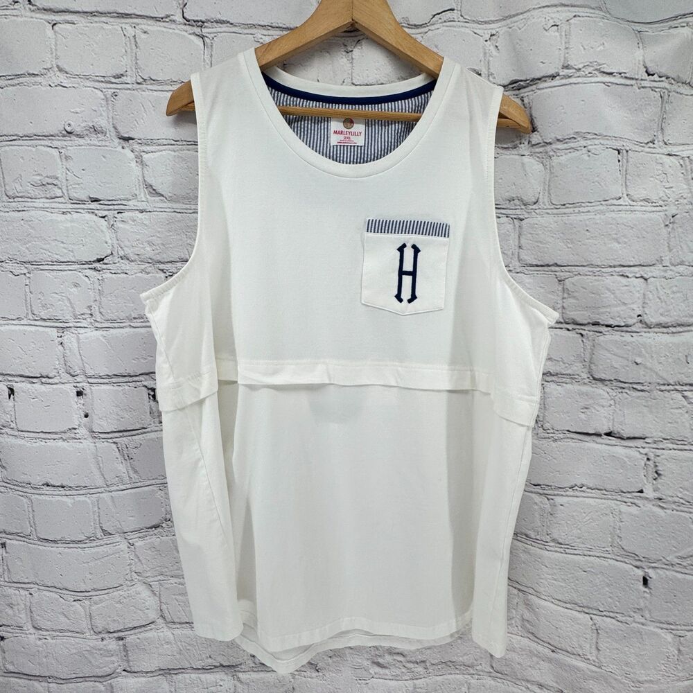 Marleylilly Tank Top Women's XXL White Sleeveless Preppy Coastal Monogramed H